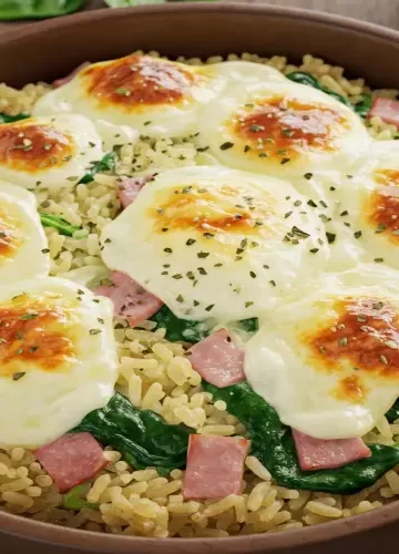 Arroz de forno com presunto, espinafre e muçarela