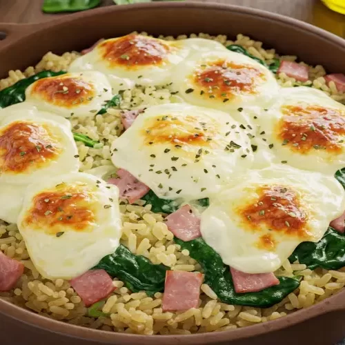 Arroz de forno com presunto, espinafre e muçarela