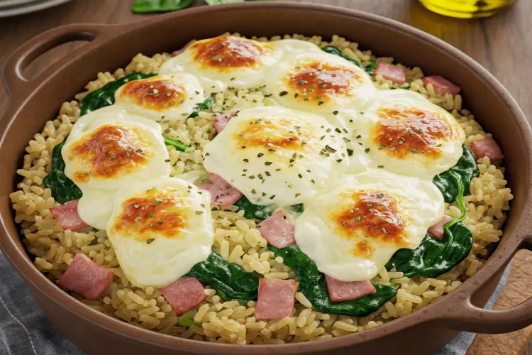 Arroz de forno com presunto, espinafre e muçarela