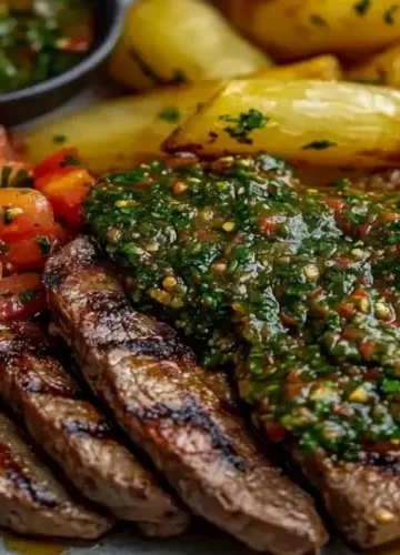 Bife e batatas como molho chimichurri