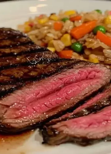 Bife grelhado fatiado com arroz frito com vegetais