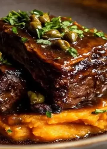 Costela desossada brasada com purê de batata doce