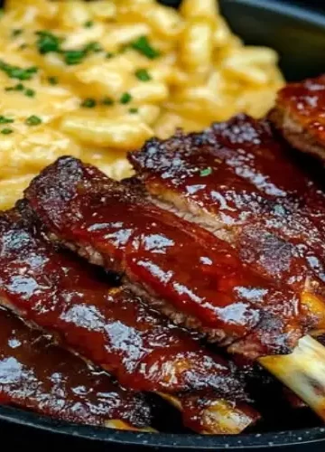 Costelas de Porco ao molho Barbecue com Macarrão com Queijo Cremoso