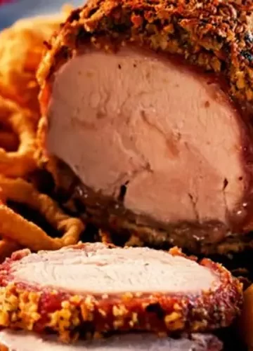 Peito de peru com purê de maçã e anéis de cebola